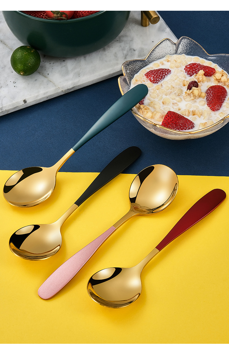 304不锈钢勺子家用长柄韩式西瓜勺网红汤勺甜品勺创意黑金咖啡勺