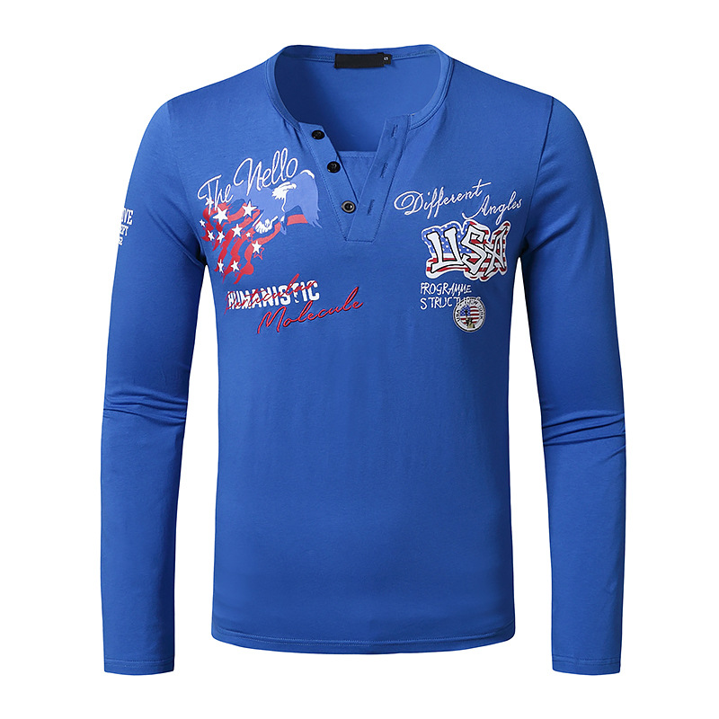 2020新款欧码男士英文印花西部牛仔亨利长袖t恤6009