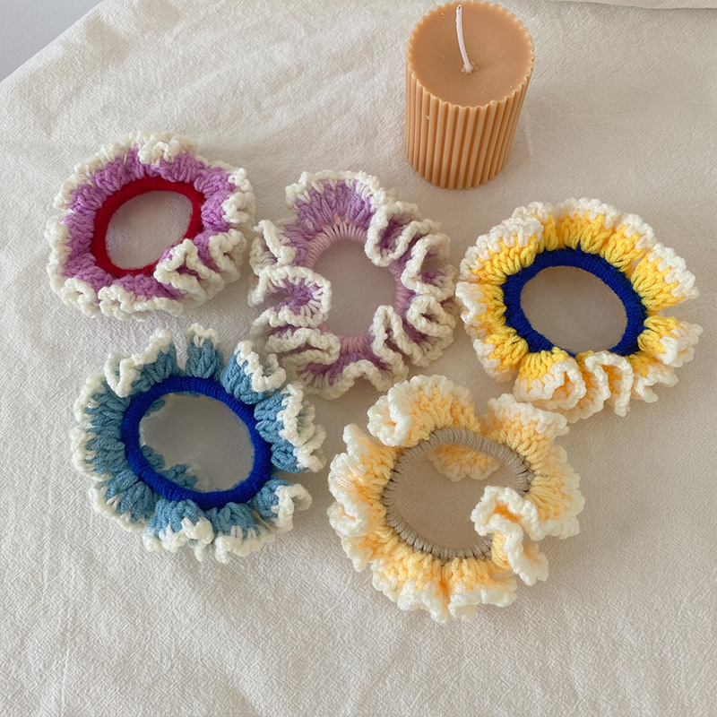 秋冬新款针织毛线大肠发圈韩版手工花边钩针少女发饰绑马尾dc003