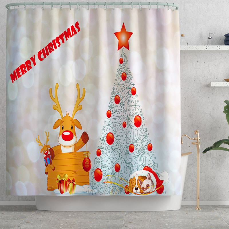 New Creative Cartoon Deer Christmas Tree Waterproof Shower Curtain Carpet Mat Four-Piece Set Toilet Mat Set One Piece Dropshipping