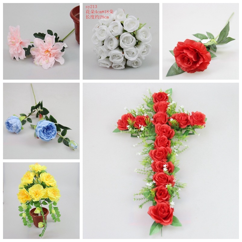 定做出口十字架 基督教圣诞节插花摆放绢花 太阳能led仿真玫瑰