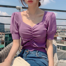 韩国东大门夏装女新款INS超火修身淑女抽褶泡泡气质短袖T恤上衣潮