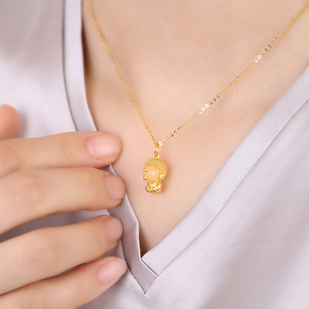 郑妃黄金足金金镶玉佛吊坠本命佛小金佛项链小萌佛吊坠足金佛公女