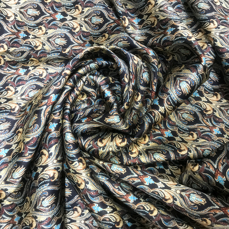 杭州真丝新款数码喷绘旗袍面料19姆米弹力缎桑蚕丝服装布料厂批发