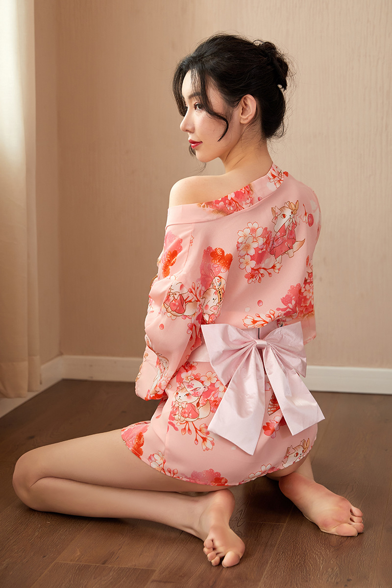 浴袍情趣内衣大码缎面印花日系性感和服系带诱惑制服睡衣套装