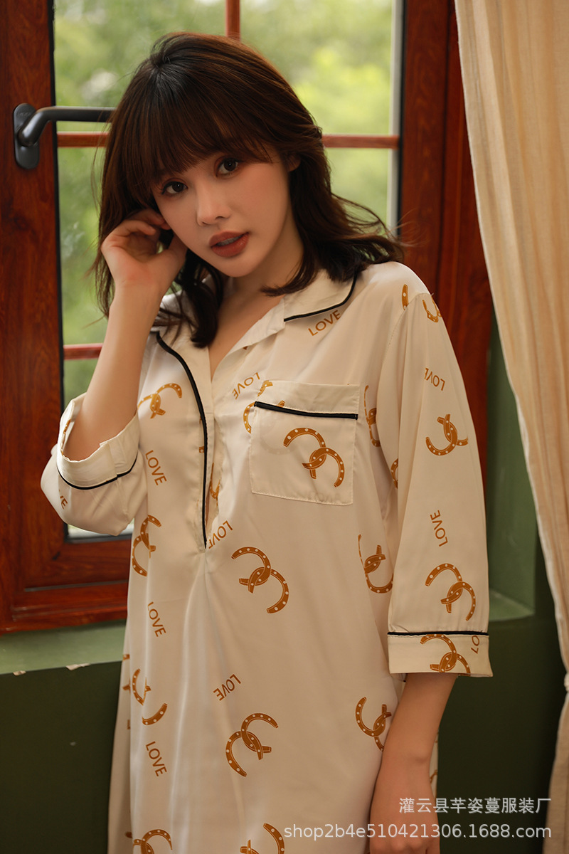 芊姿蔓情趣内衣欧美大码宽松性感仿真丝开衫露乳睡裙诱惑家居睡衣