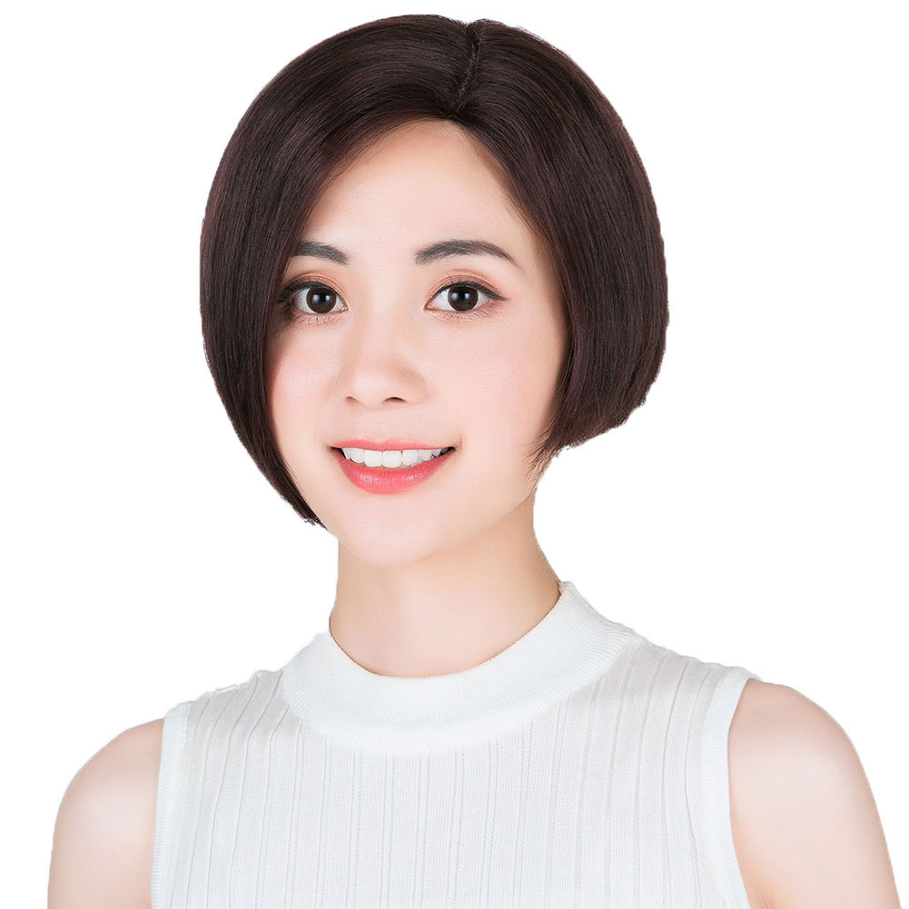 假发女短发真人发丝偏分bobo波波头真发偏分圆脸短直发手织全头套