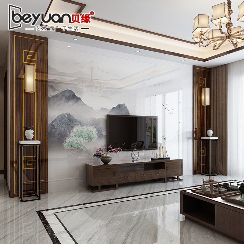 客厅新中式大理石电视背景墙瓷砖影视墙装饰大气实木边框造型