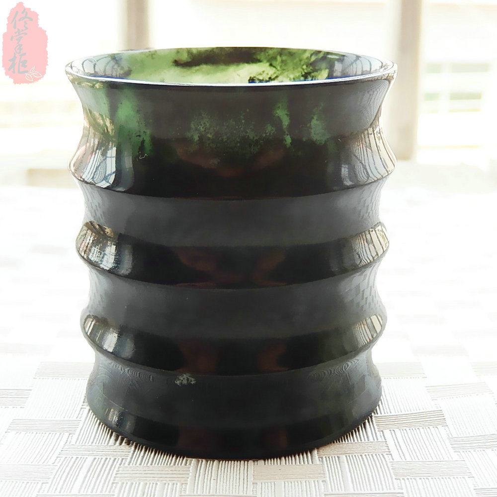 天然真品蛇纹石玉黑绿玉墨绿玉竹节茶杯酒杯玉石茶具酒具