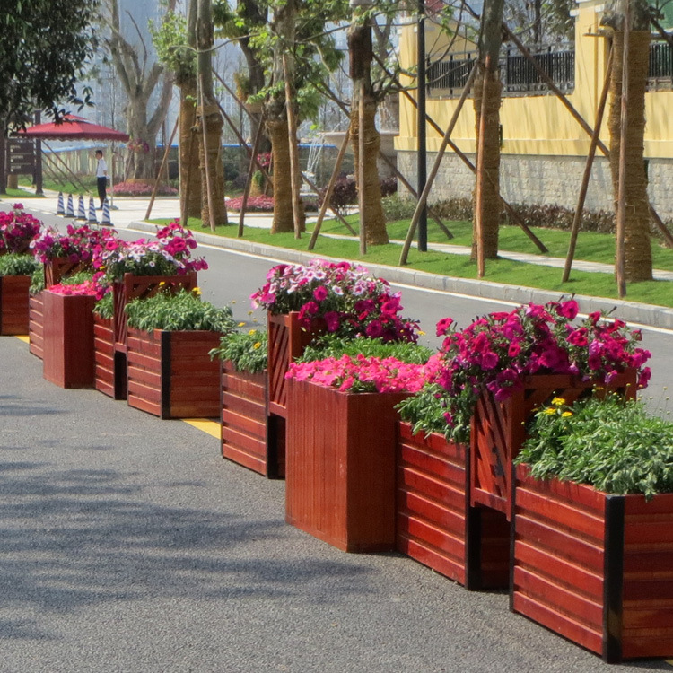 厂家定制道路移动实木花箱 户外园艺景观花盆 广场防腐木组合花钵