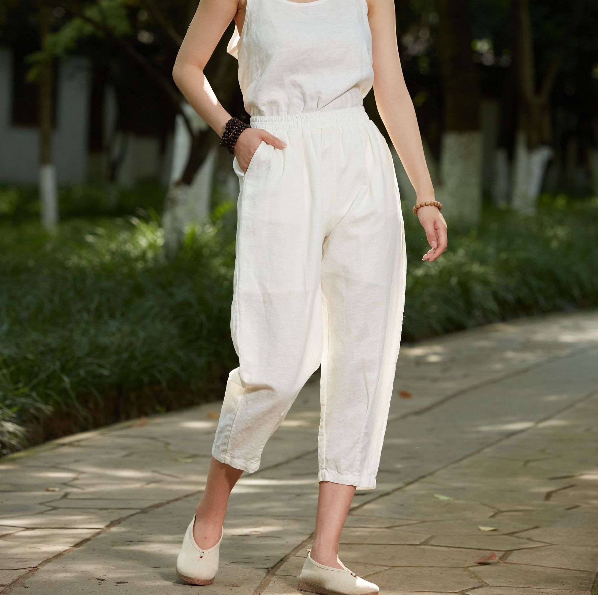 夏季苎麻新款哈伦裤女麻料薄款显瘦萝卜裤棉麻裤子九分宽松亚麻裤