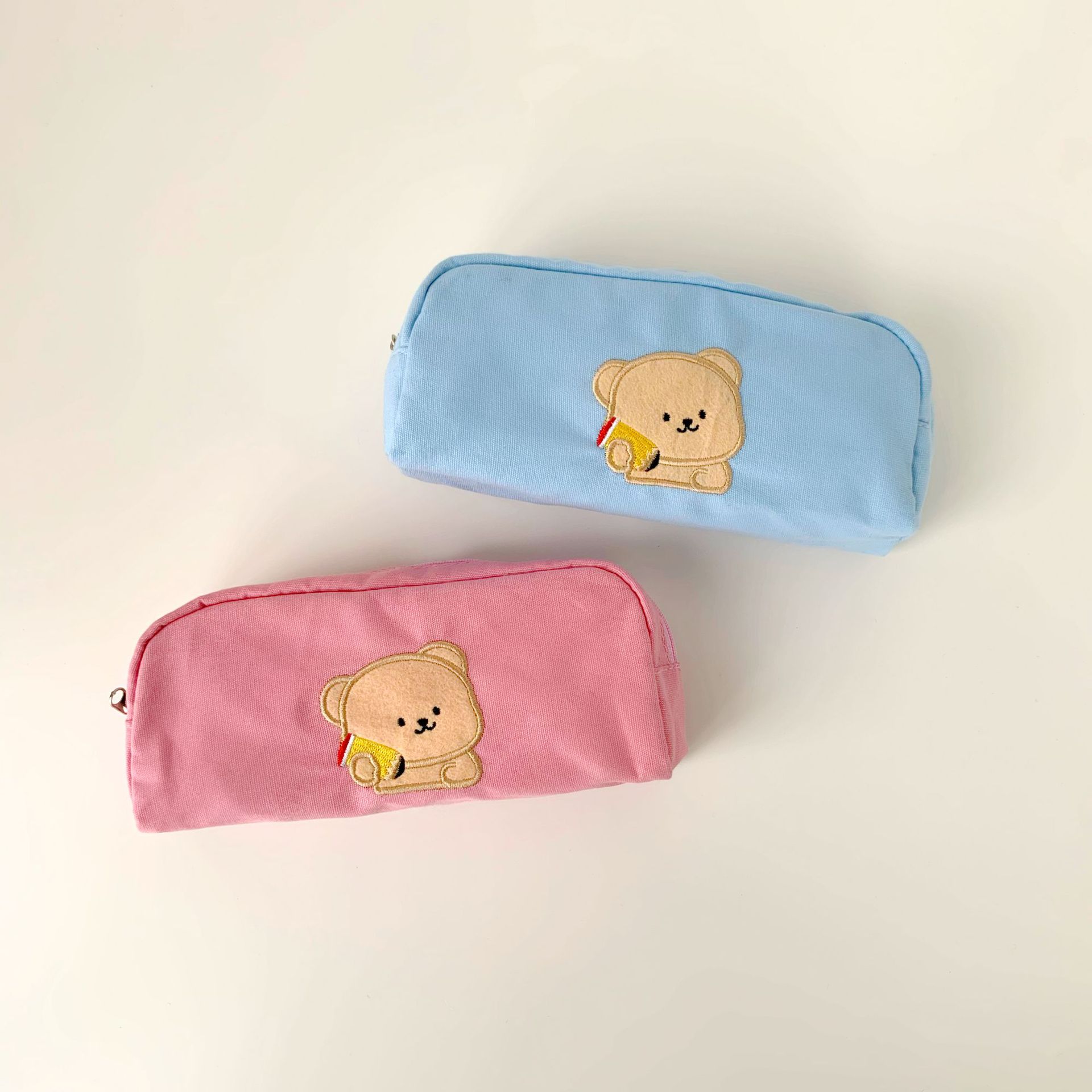 帆布小熊铅笔袋绣花卡通可爱彩色全棉学生日韩文具盒