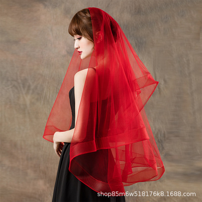 简约单层短款软网红色头纱婚礼盖头纱拍照婚纱配饰新娘结婚头纱白