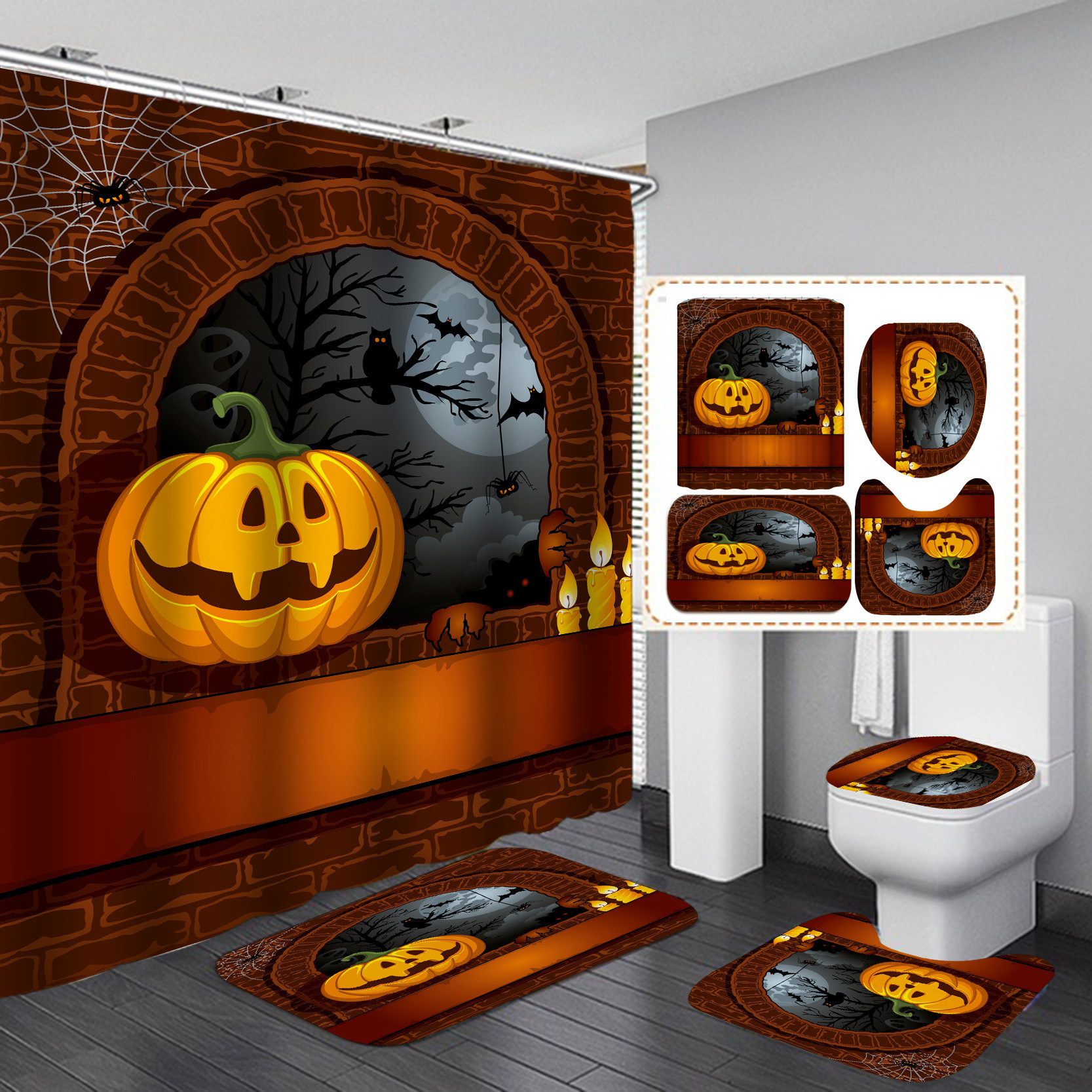 Cross-Border Hot Digital Printing Waterproof Polyester Halloween Bathroom Partition Shower Curtain Factory Direct Supply Shower Curtain Wholesale