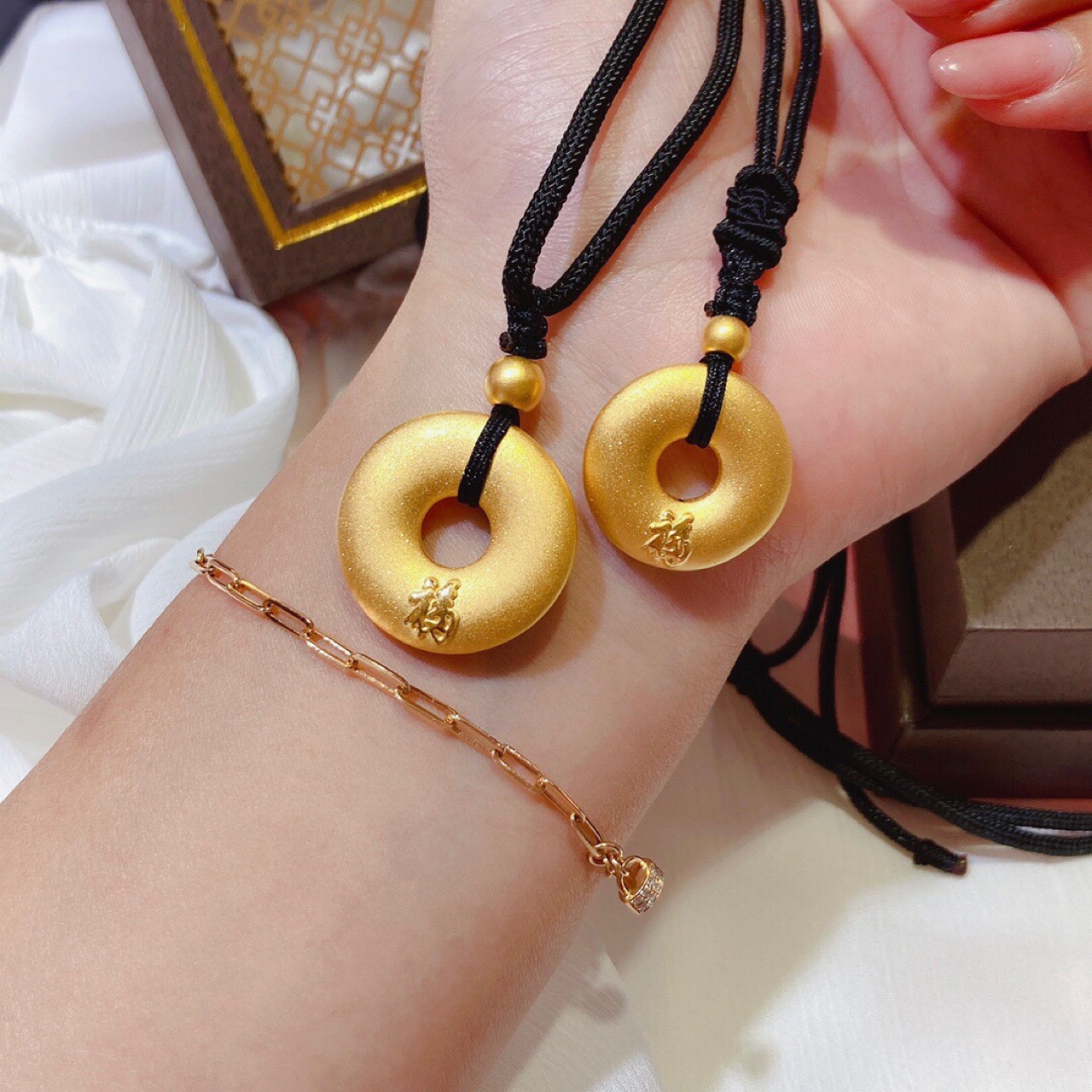 3d硬金平安扣吊坠足金999黄金福字平安吉祥编织24k纯金项链