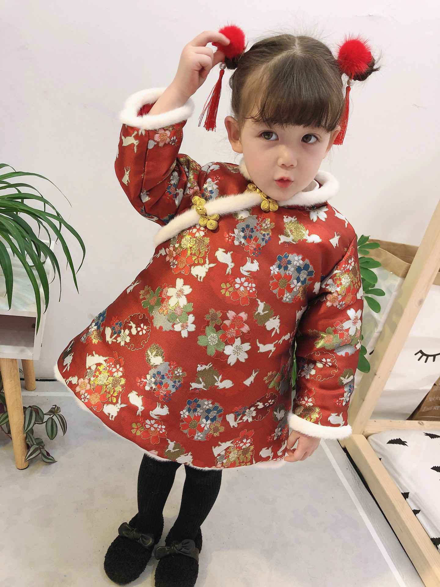 儿童汉服女童红色喜庆中国风古装旗袍拜年服宝宝周岁唐装童装秋冬