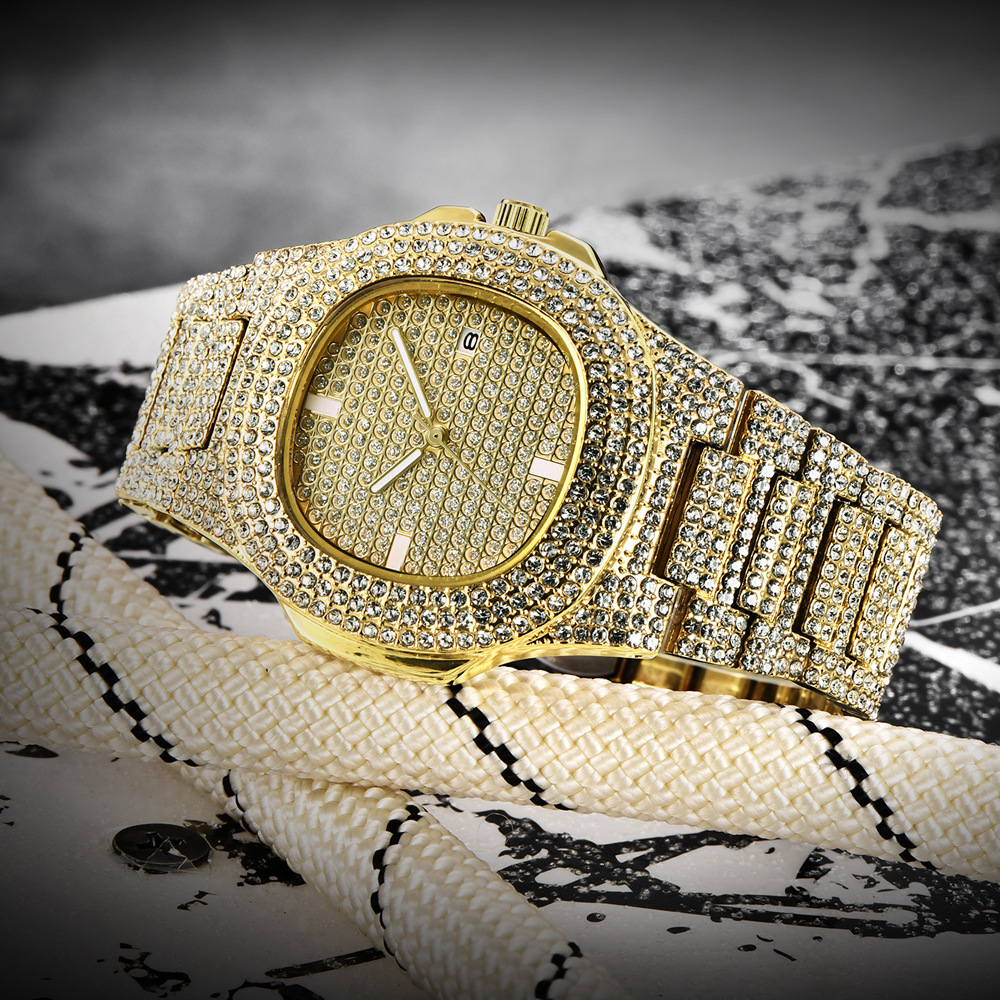 外贸品牌满钻男表时尚满天星日历商务石英表潮男嘻哈手表微商货源