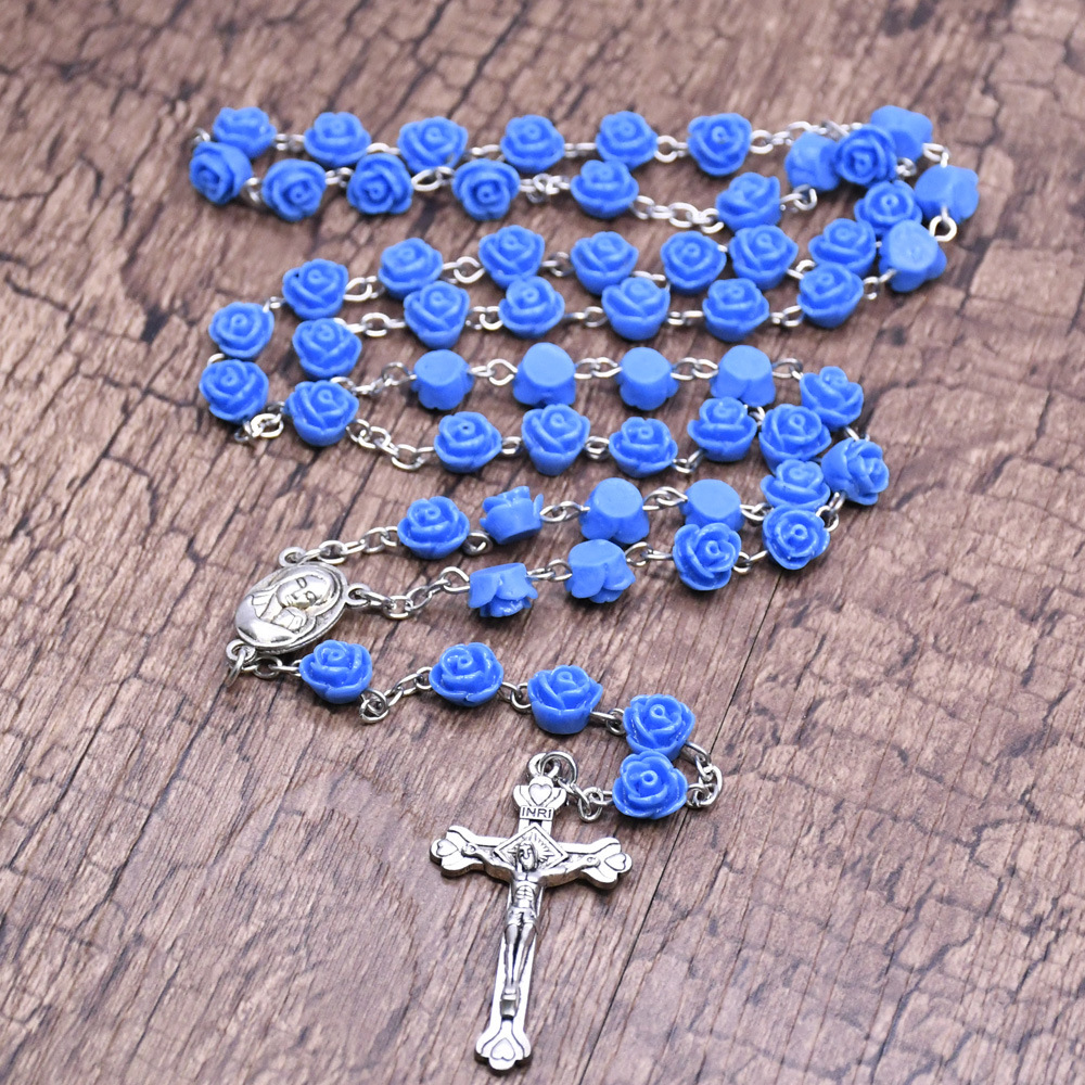 树脂玫瑰花念珠项链圣母玛丽亚基督十字架天主教基督徒婚礼祈祷珠