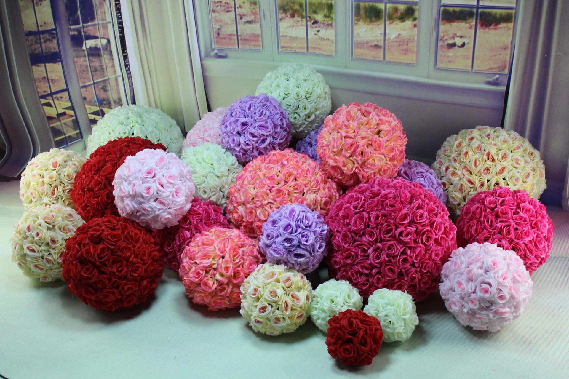 绢布仿真玫瑰花球婚庆假花路引花球节日国庆舞台吊挂装饰绢花花球