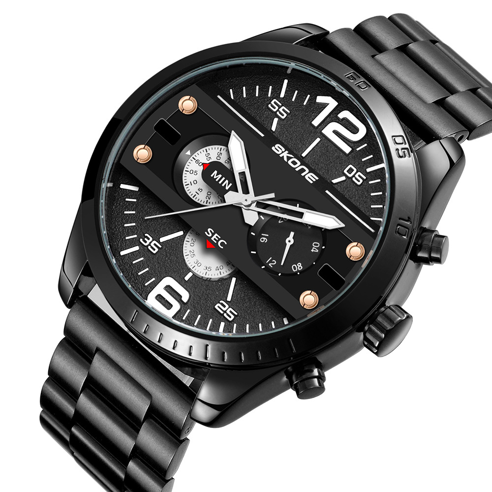 skone/时空男士手表时尚运动风格防水男表三眼六针多功能石英腕表