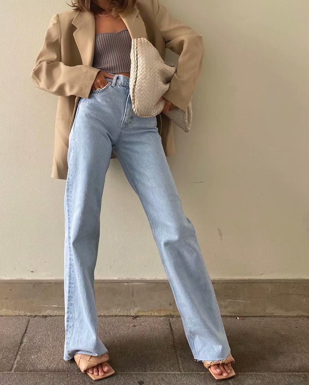 2022 Spring New Straight Pants Trousers Women's Ins European and American Street Style High Waist Raw Hem Wide Leg Mopping Jeans