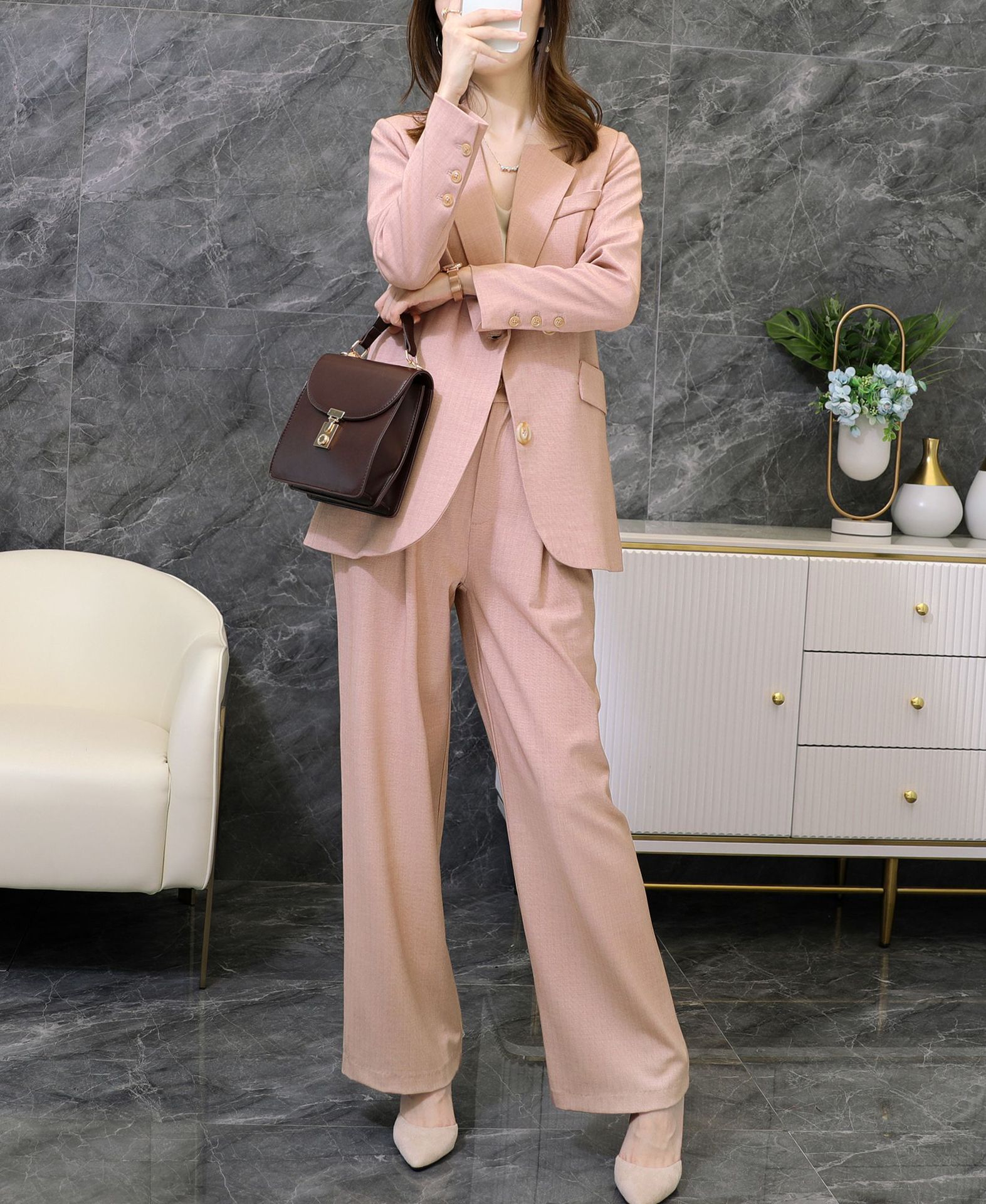 西装外套女春秋女装西装韩版人字纹西装阔腿裤套装西服外套女