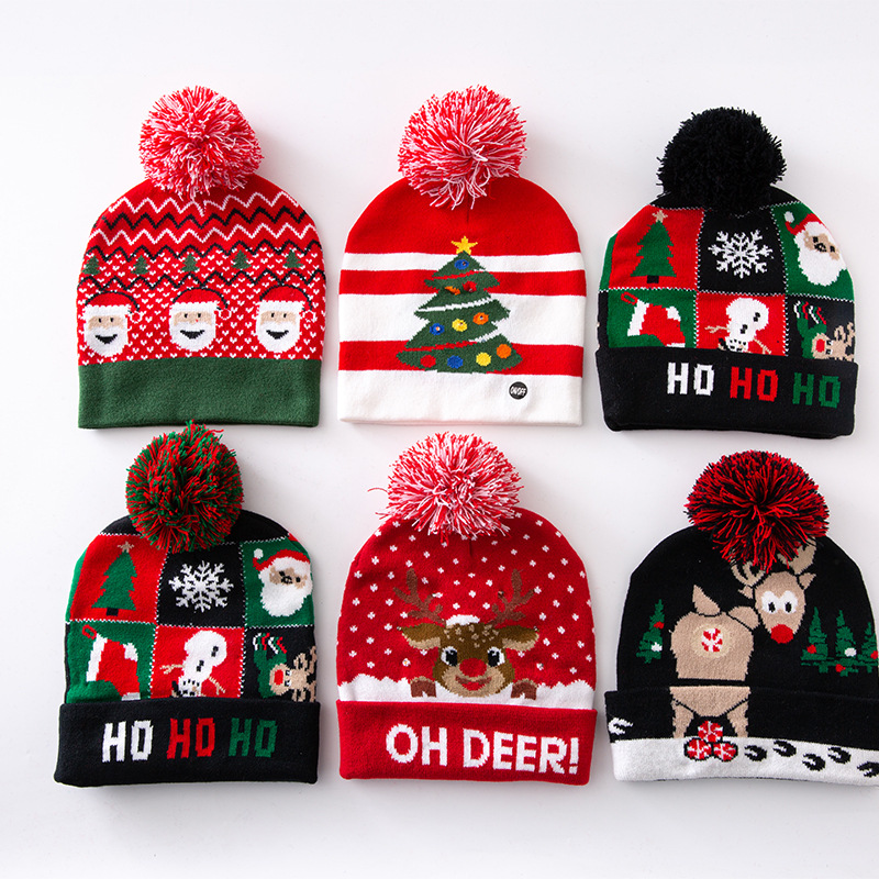 Manufacturers Customize European and American Christmas Pattern Knitted Hat with Led Lights Knitted Christmas Hat Processing Customization