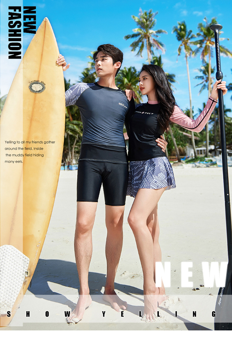 2020情侣款泳衣长袖防晒分体时尚韩国男短袖女士套装度假沙滩泳装