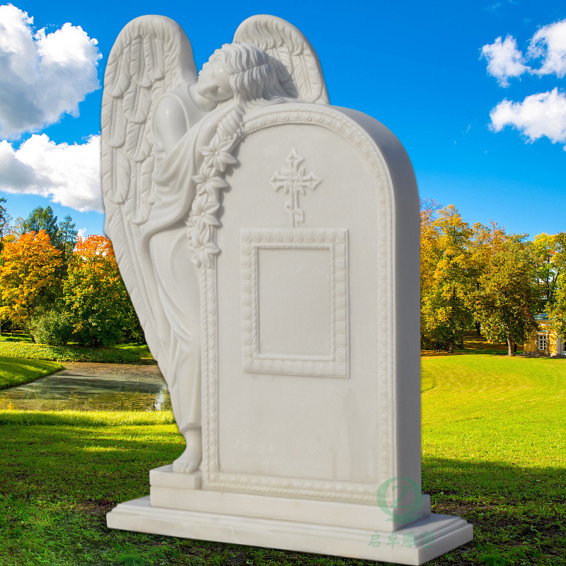 石雕厂家供应大理石汉白玉天使墓碑西方人物欧式天然石材墓碑直销
