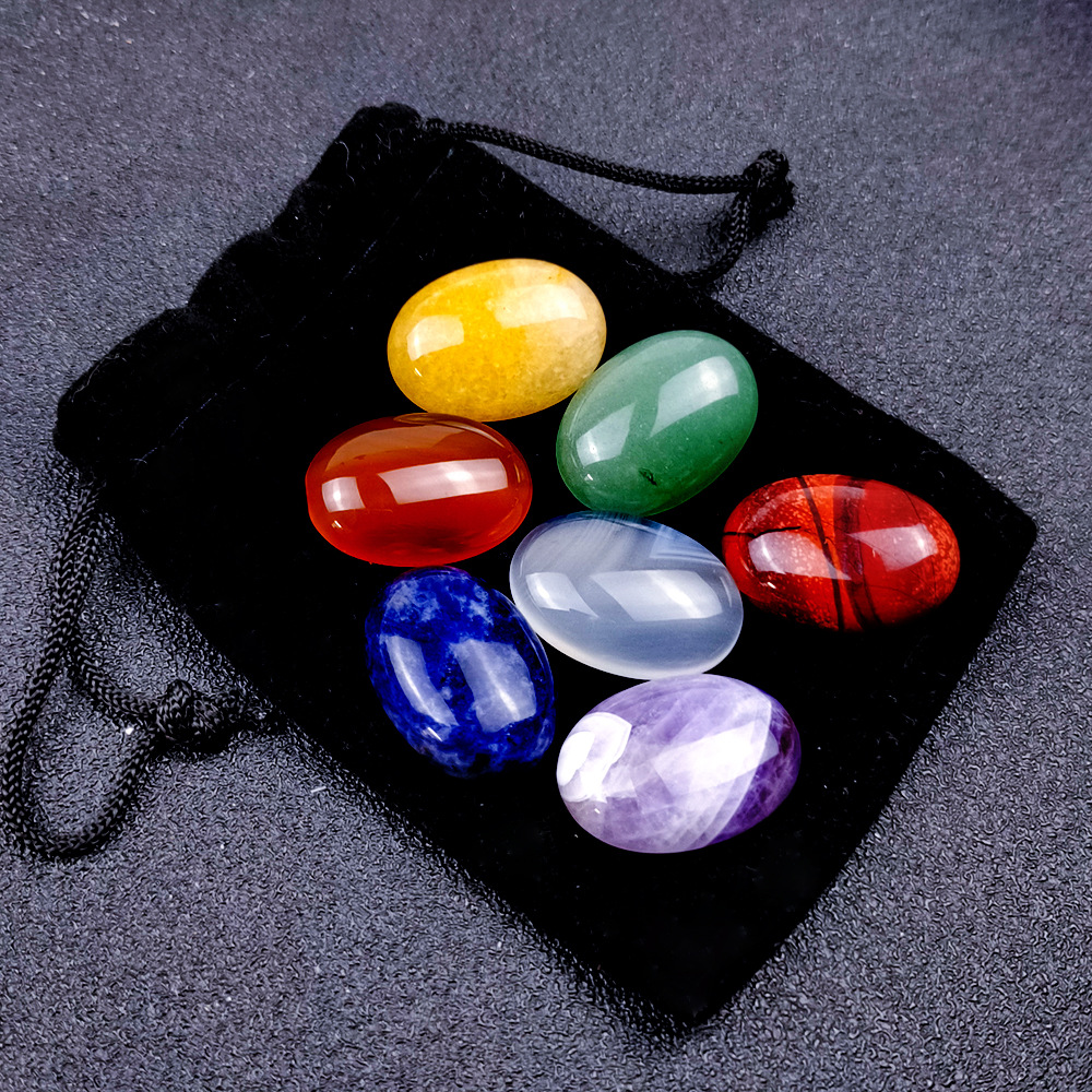 Natural Crystal Gemstone Agate Colorful Stone Set Ring Gem Oval Egg-Shaped Decoration Gift Flannel Bag Gift Collection