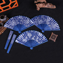 新款折叠扇古典雅致蓝印花布折扇唯美艺术花卉竹扇经典汉服写真扇