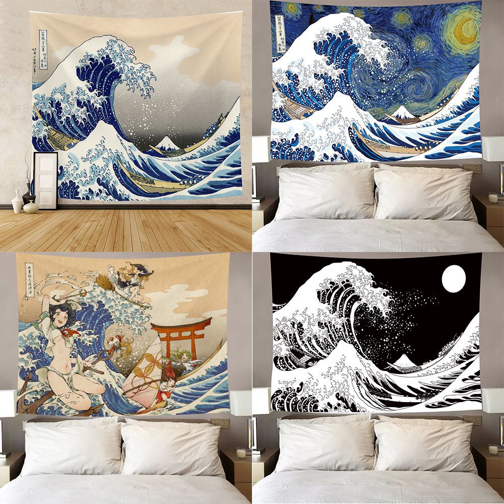 外贸热销日式风格神奈川冲浪里海浪挂毯挂布in浮世绘客厅装饰墙布