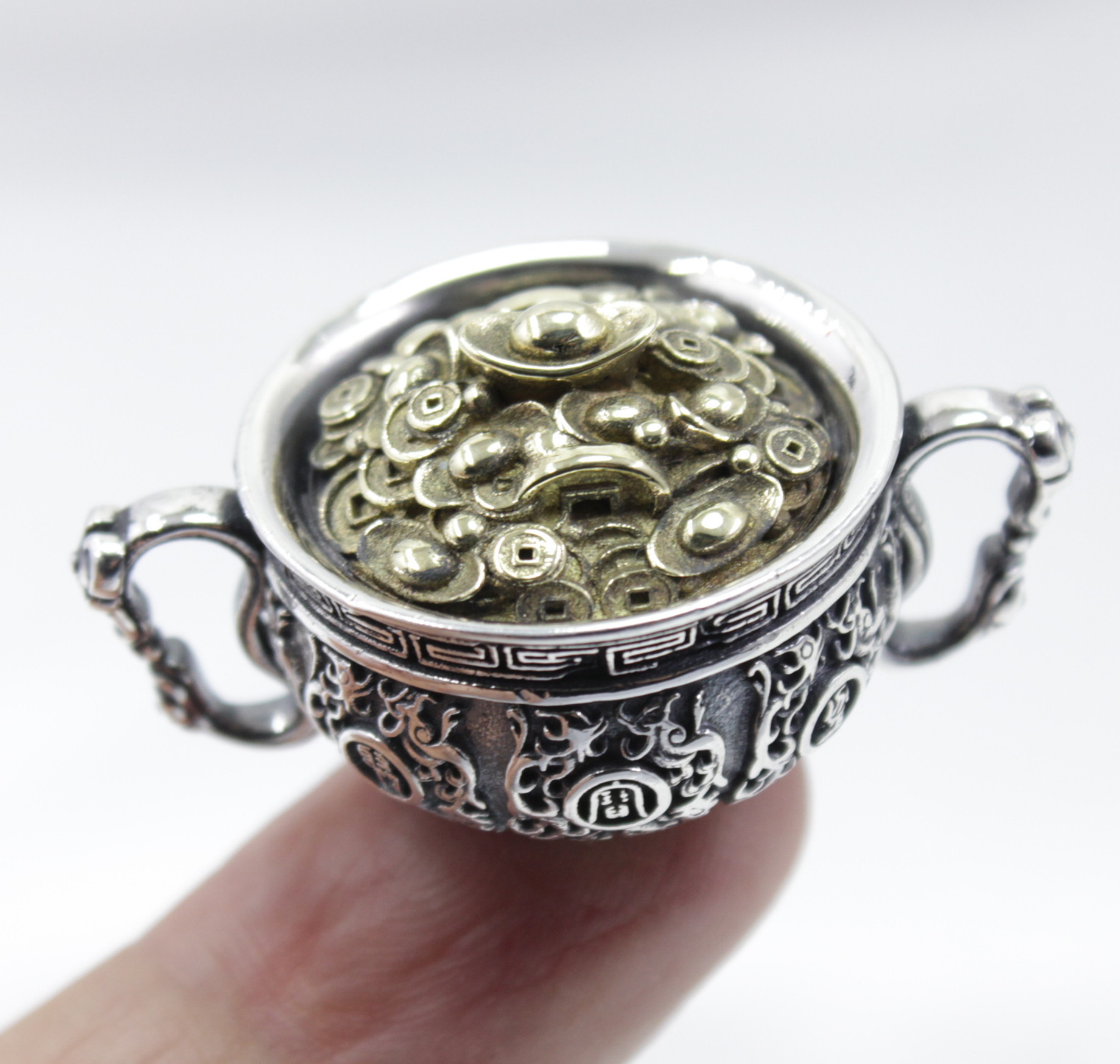 三口千银s925纯银聚宝盆挂坠男女招财进宝车挂复古个性配饰送礼