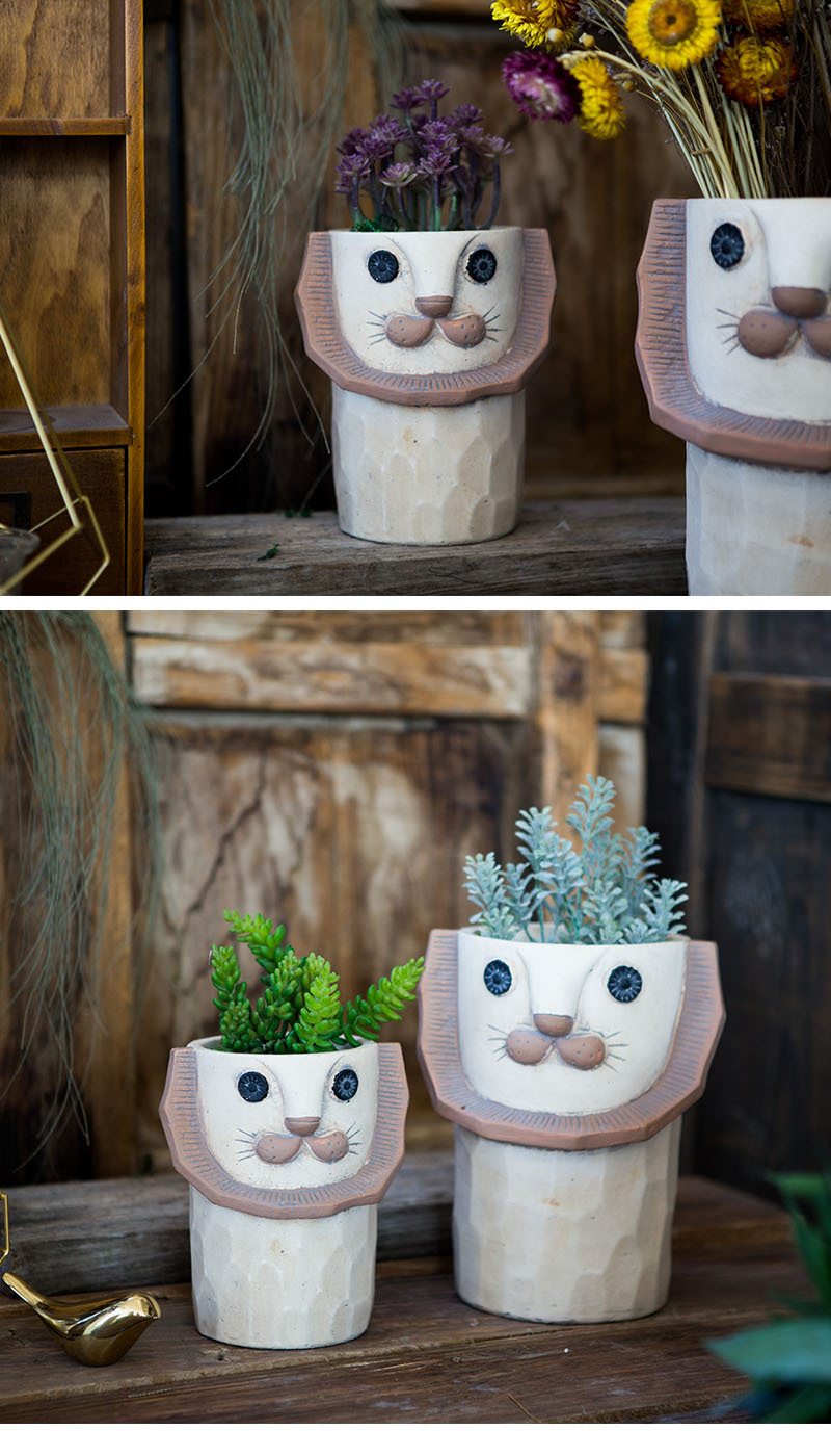 动物花盆小清新抽象狮子盆 透气水泥花盆手工制作创意花器