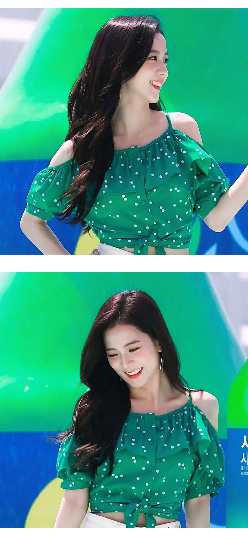 jisoo金智秀同款绿色吊带上衣小众设计露肩圆点雪纺衬2020夏季女