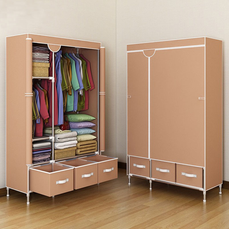 简易布衣柜出租房用简约现代钢管加厚经济型带抽屉衣柜家用卧室女
