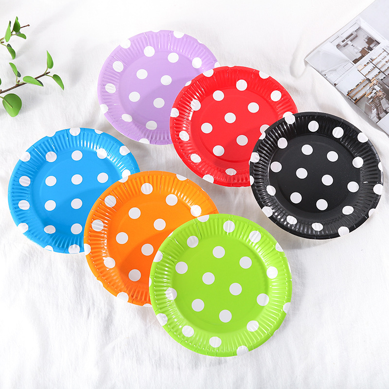 Cross-Border Manufacturers Disposable Paper Tray 7-Inch Color Dot Paper Plate Birthday Party Supplies Paper Plate Cake Plate