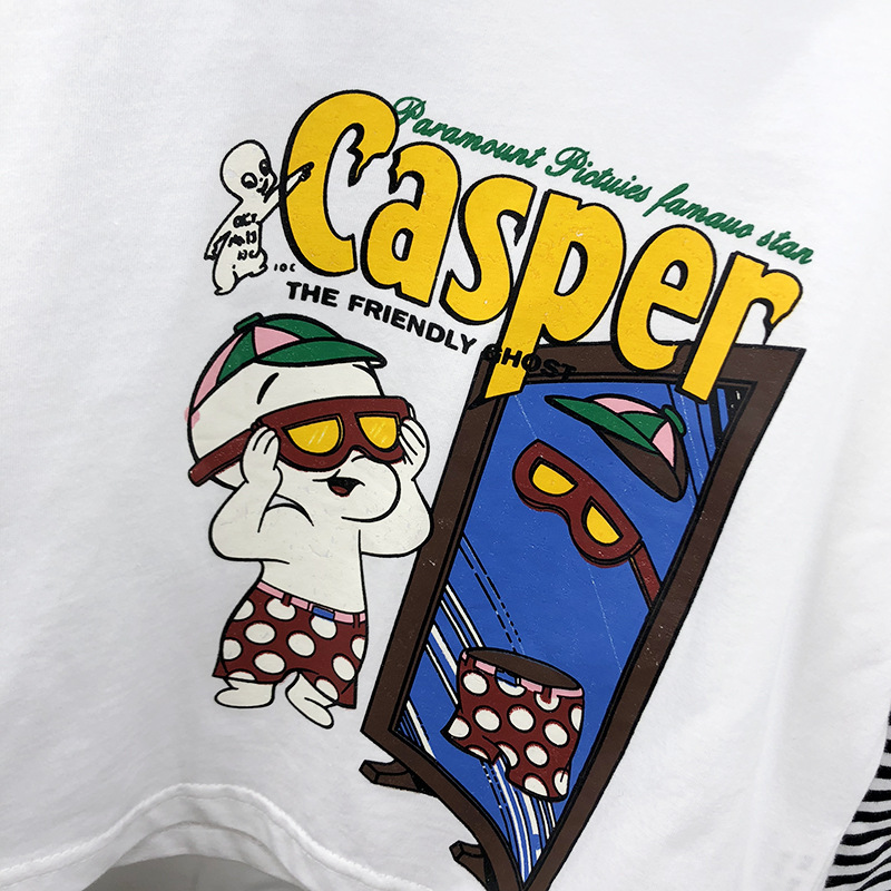 童装批发2020春季棉类caspert恤男宝宝印花长袖上衣拼接条纹衣服