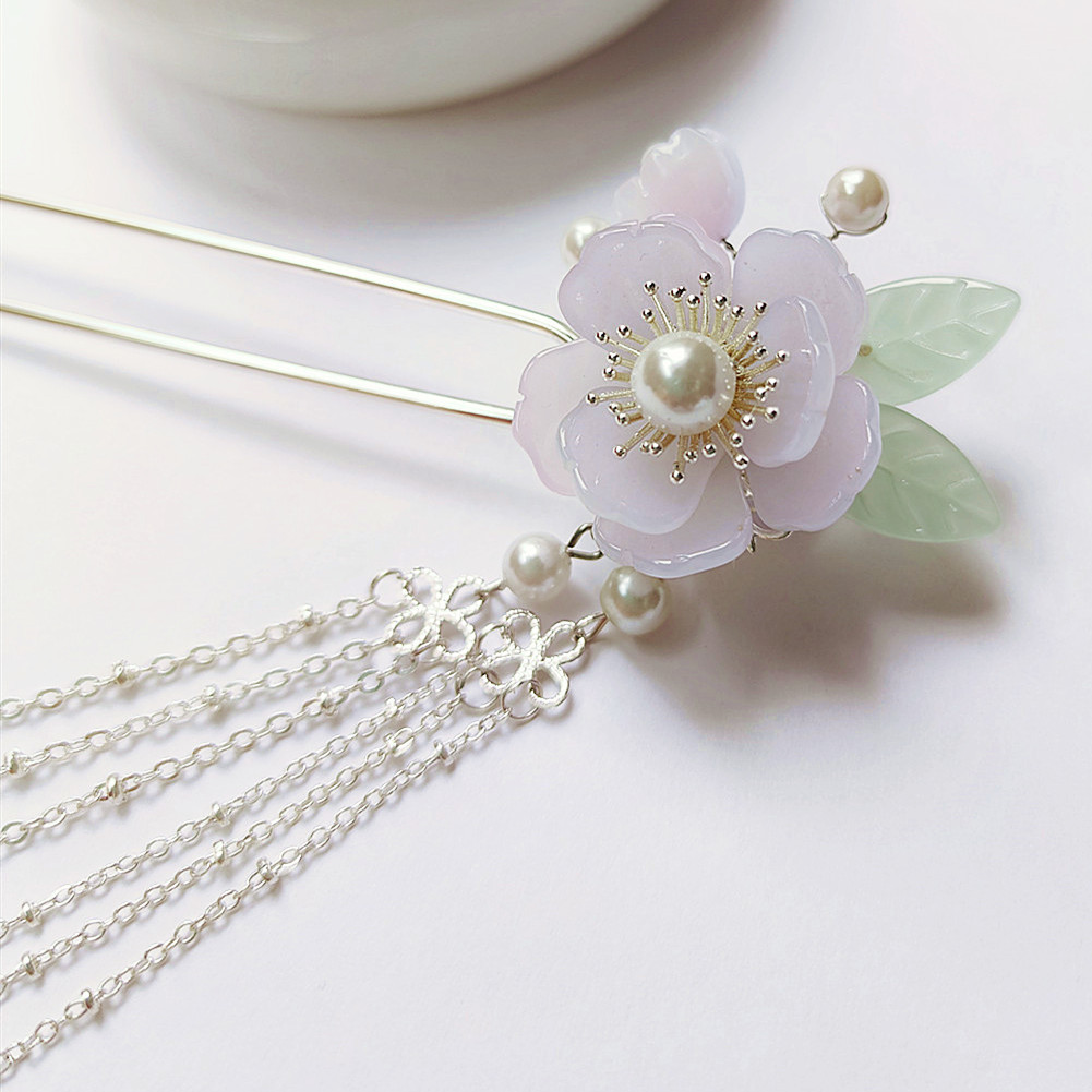 手工制作汉服发簪古装头饰古风配饰流苏发簪步摇花朵粉茶可定制