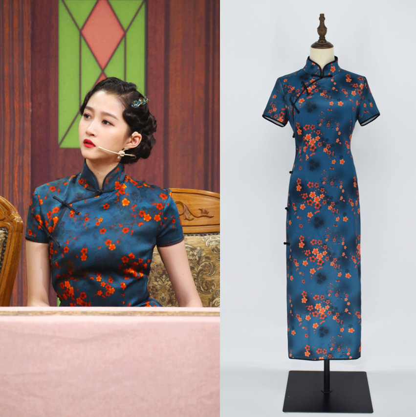 王牌对王牌 关晓彤同款复古黑色碎花短袖高腰开叉长款旗袍2020夏