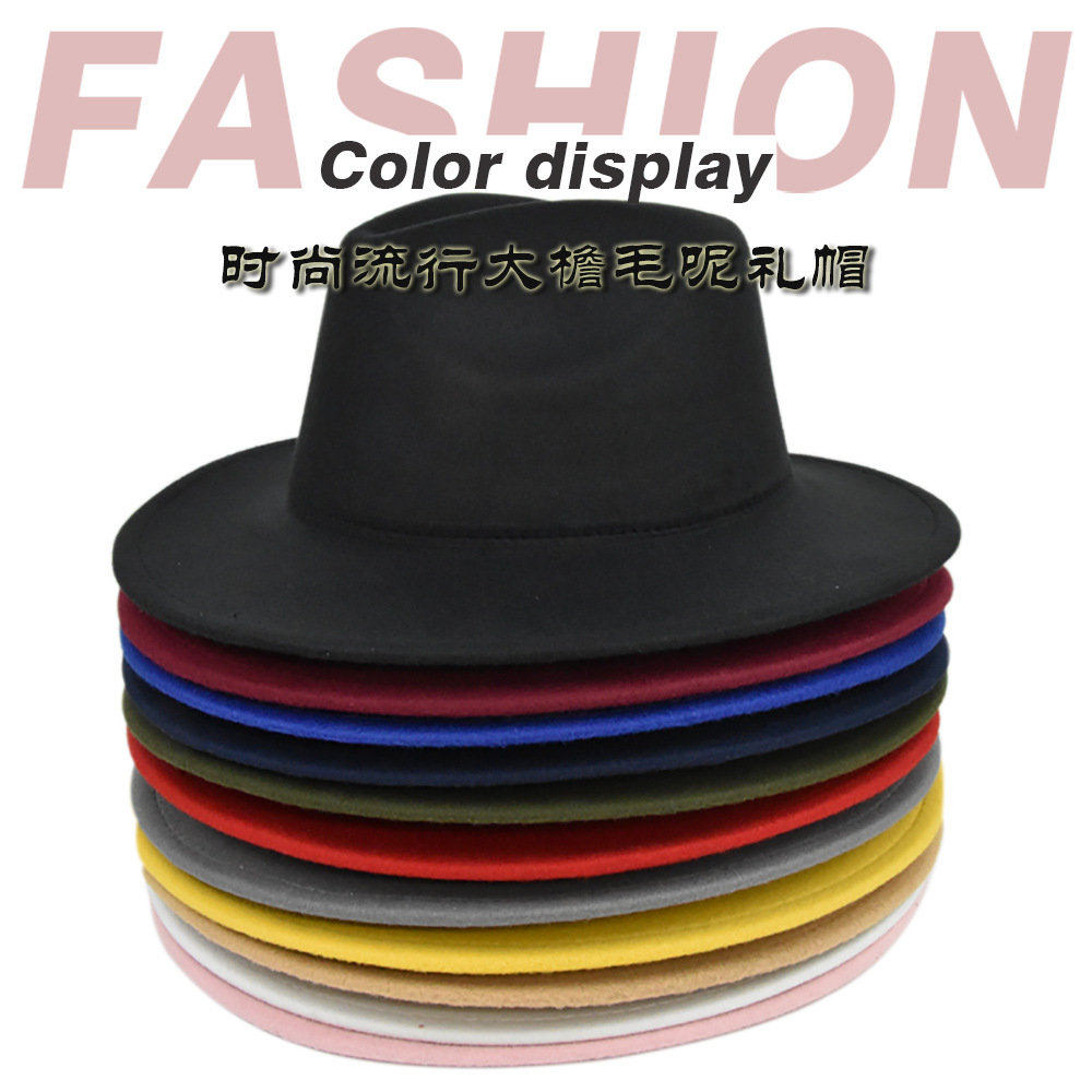 Fashion Fedora Hat Woolen Hat Women's Spring, Autumn and Winter Woolen Vintage Broad-Brimmed Hat Black Top Hat European and American Fedora Hat