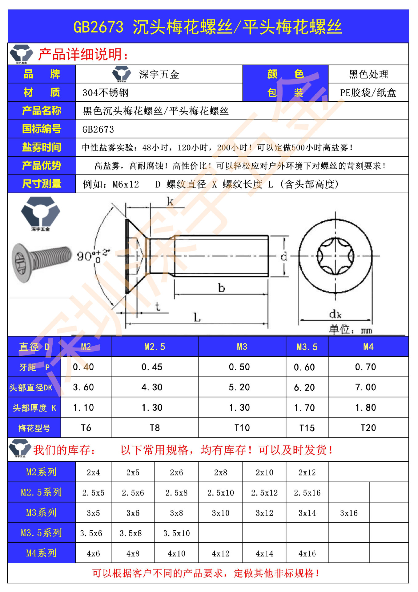 m4x6→4x14黑色沉头梅花螺丝gb2673不锈钢高盐雾耐腐蚀平头内梅花