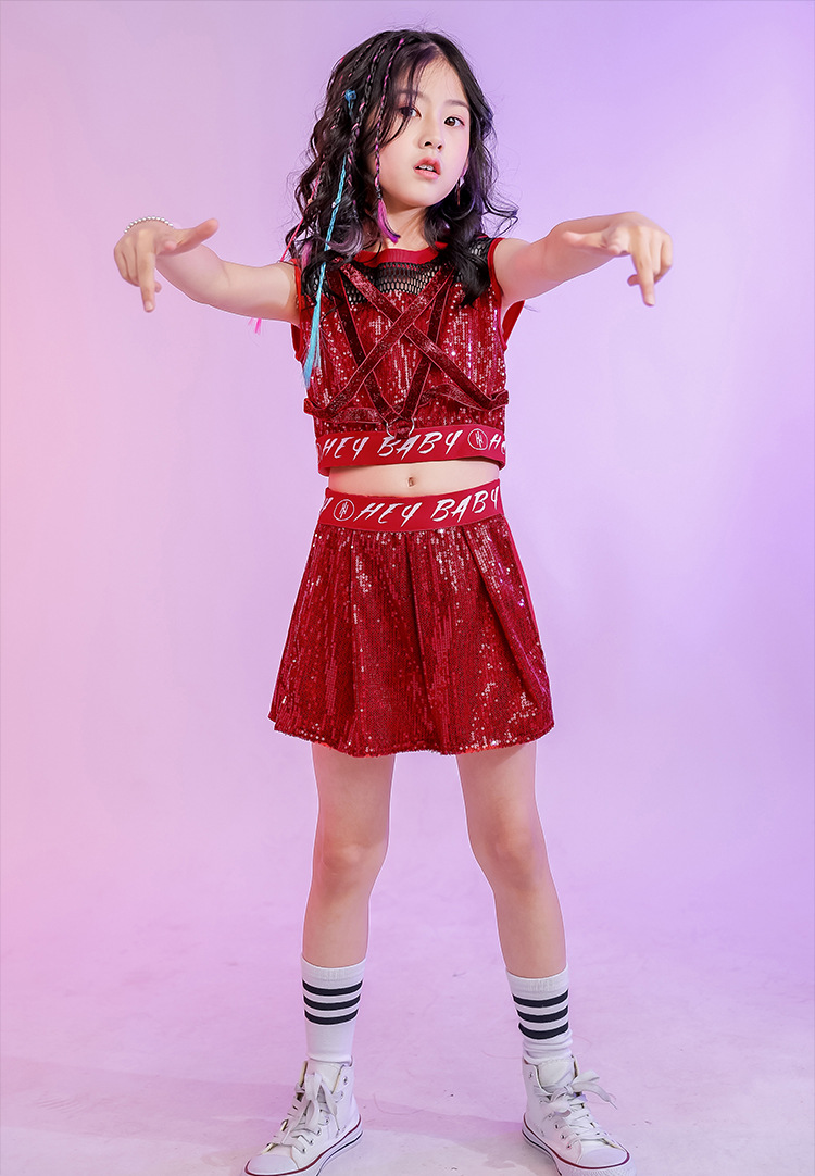 儿童爵士舞服装女孩亮片露脐走秀酷舞蹈服街舞套装夏季女童演出服