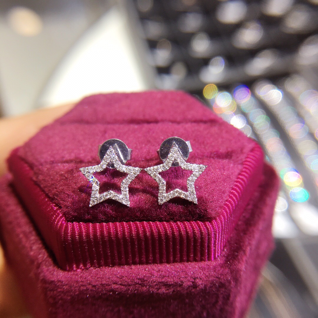 夏日璀璨星星耳钉18k金天然钻石碎钻耳钉女 可爱精致百搭定制