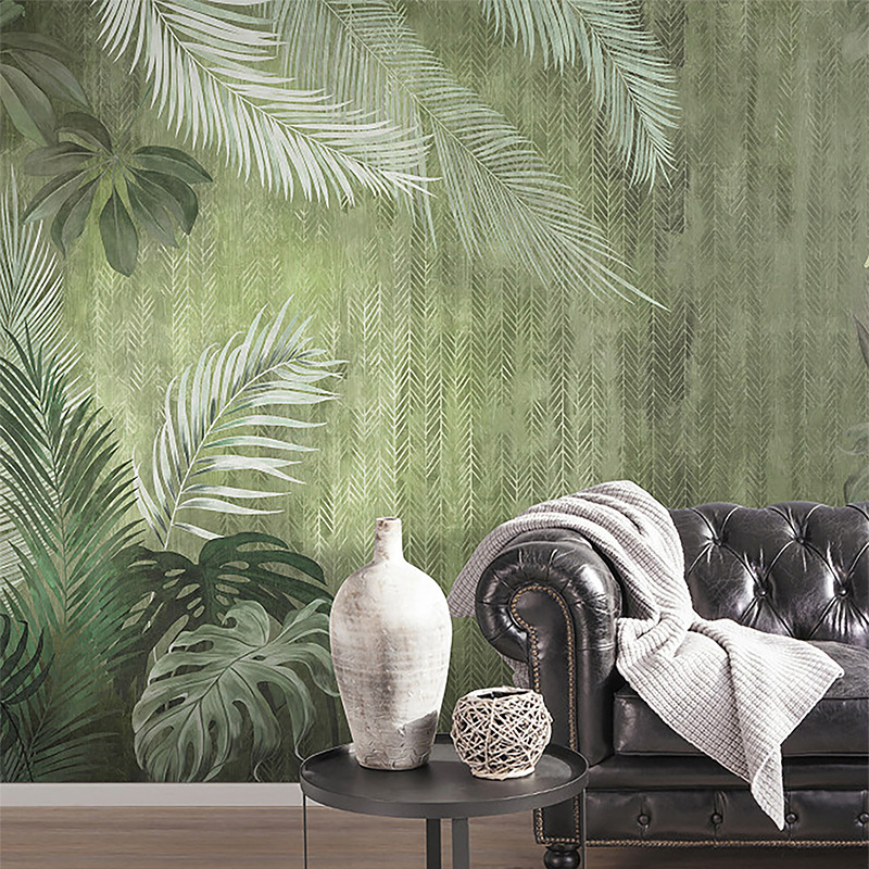 北欧手绘复古植物芭蕉叶壁纸客厅电视背景墙纸服装店无缝壁画墙布