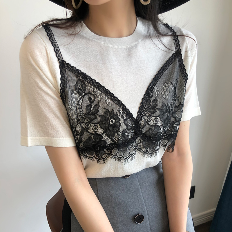 夏季蕾丝抹胸式圆领短袖冰麻t恤 女针织衫上衣