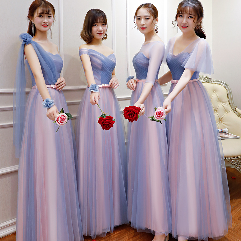 蓝灰伴娘服长款2021夏秋新款演出迎宾礼服伴娘团姐妹裙宴会晚礼服