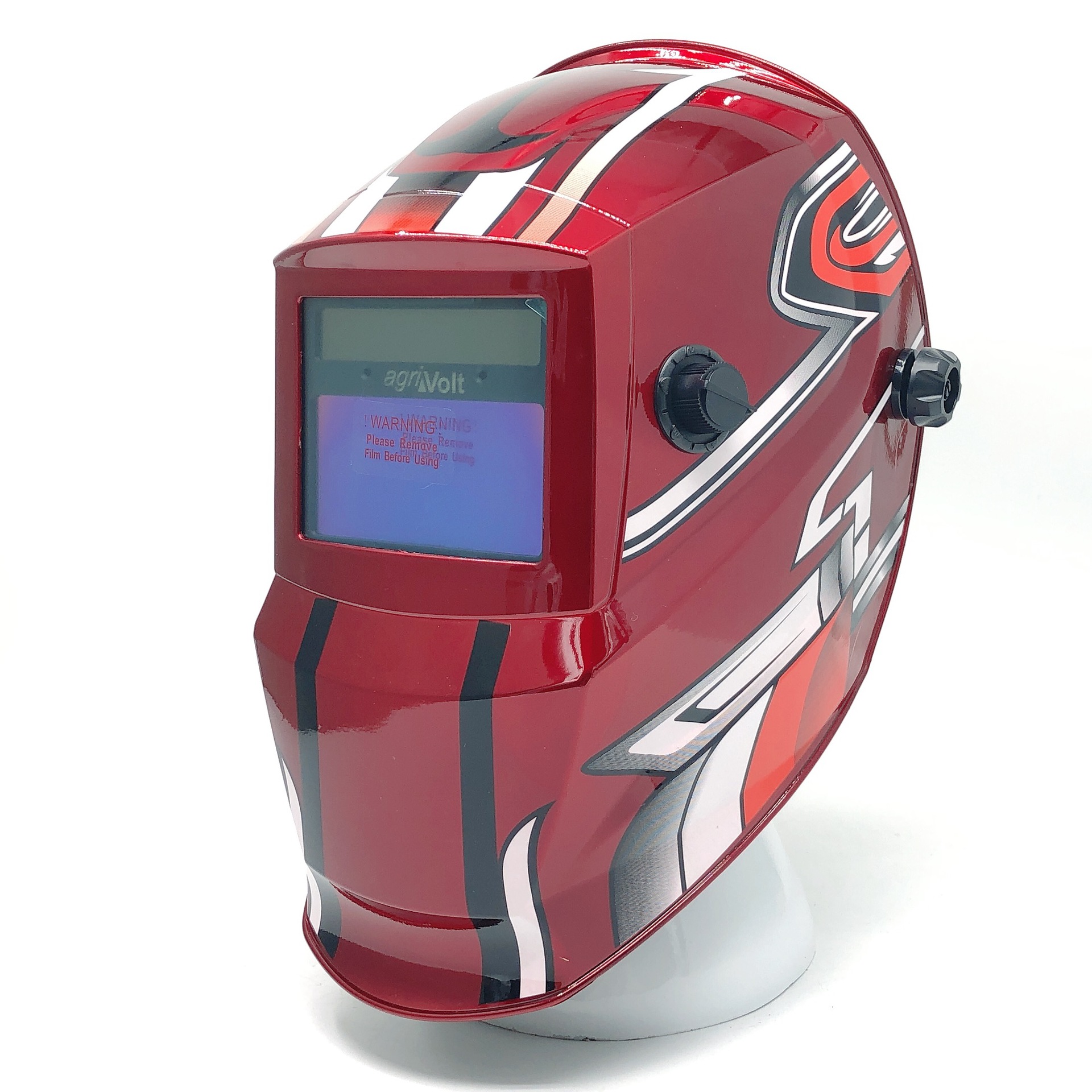 红色印花头戴太阳能自动变光焊帽俩可供换电池灵敏度可调防护现货