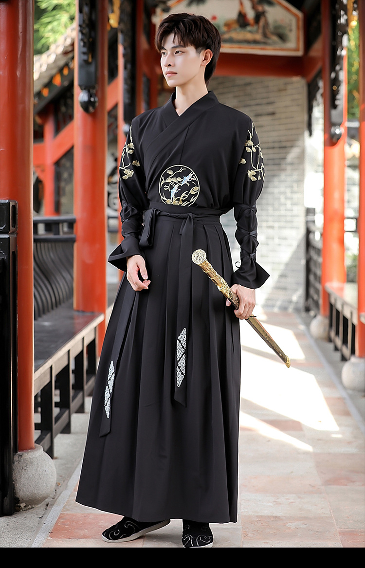 原创汉服男帅气复古武侠风男装表演戏服学生演出团服大码套装黑色