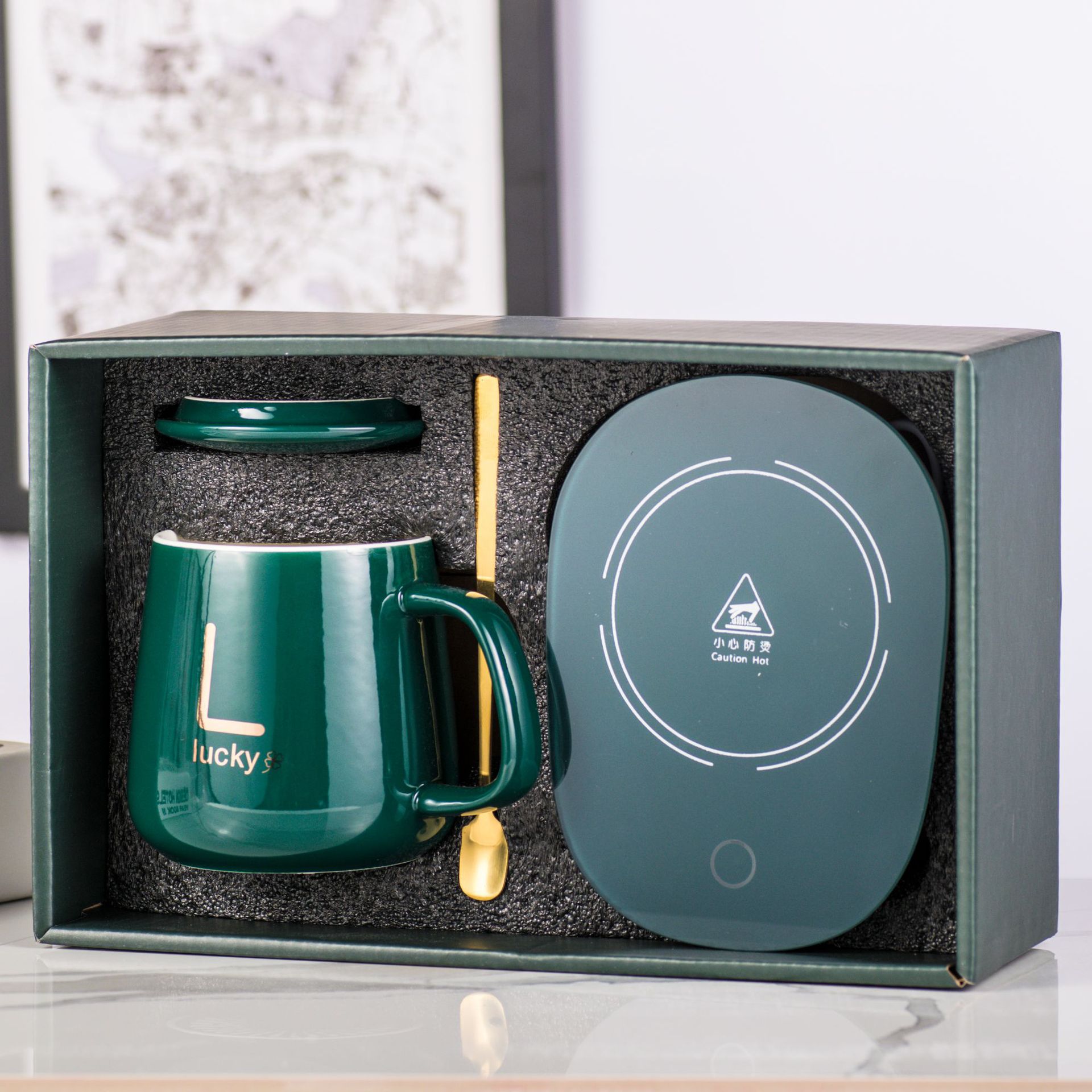 55度恒温暖暖杯 保温马克杯带盖勺办公室早餐咖啡保温杯台湾110v